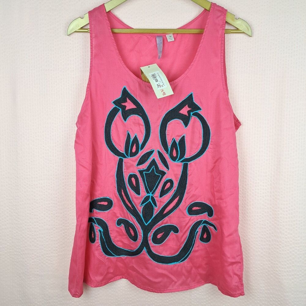 NEW Francesca's Size M Pink Tank Top Embroidered 100% Rayon Sleeveless